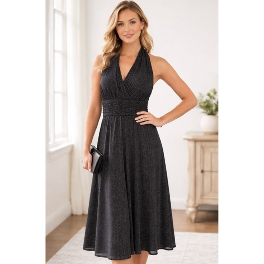 Evan Picone Black White Polka Dot Halter like Dress 16 Ruche Waist Sleeveless